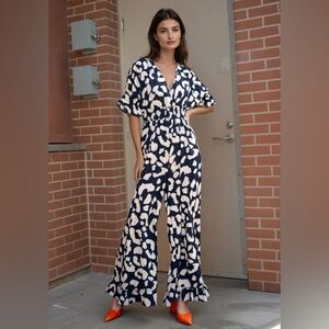 Leopard Cinched Navy and Cream Jumpsuit Kate Hewko NWT one size